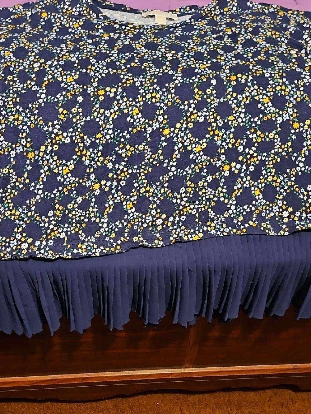 Michael Kors Navy Floral Pleated-Hem Top with Yellow & White Accents